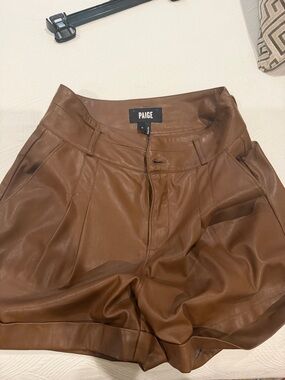 PAIGE Tan Faux Leather High-Waist Shorts